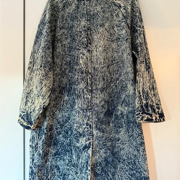 Vintage Acid Wash Denim Textured Long Trench Coat